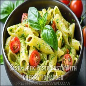 Basil-Leek Pesto Pasta With Cherry Tomatoes