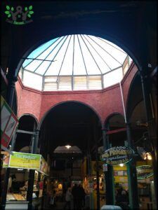 arafed ceiling in a building with a skylight above it