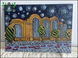 painting of a night scene with a city street and a car