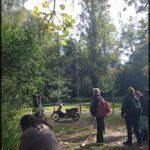people are standing around a bench in a park with a dog