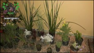 there are many different types of plants in pots on the ground