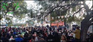there are many people sitting under the trees at a festival