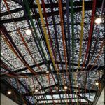 there is a ceiling with many colored ribbons hanging from it