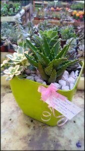 there is a green planter with a pink ribbon on it