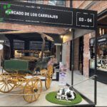 there is a horse drawn carriage with a dog sitting on the grass