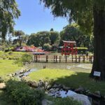 there is a small pond in the middle of a park with a red gate