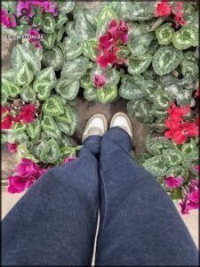 a close up of a person ' s legs in jeans and sneakers standing in front of a flower