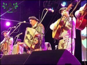 A group of men play musical instruments on stage, with one man holding a harmonica.