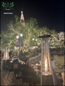 A group of people are sitting outside at a restaurant, enjoying the beautifully lit Christmas tree in the background.
