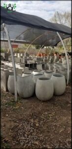 A large collection of clay pots are displayed in a garden setting.