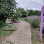 A pathway in a garden leads to a stone circle.