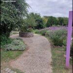 A pathway in a garden leads to a stone circle.