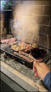 A person is holding a glass of wine while standing in front of a grill with meat on it.
