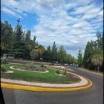 A roundabout with a grassy area in the center, surrounded by trees and a road.