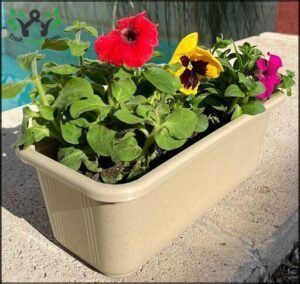 A variety of flowers are displayed in a large pot, creating a beautiful and colorful arrangement.