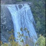 A waterfall cascades down a rocky cliff, surrounded by trees and bushes.
