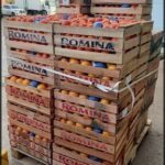 boxes of oranges are stacked on a pallet in a parking lot