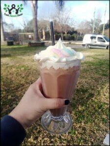 someone holding a glass of chocolate milkshake with whipped cream and a straw