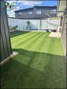 A backyard with a pool and a fence.