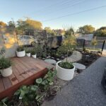 A backyard with a wooden deck and a variety of plants, including a potted plant with a leafy green plant and a potted plant with a leafy green plant.
