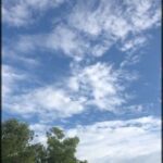 A beautiful blue sky with clouds and a tree in the foreground.
