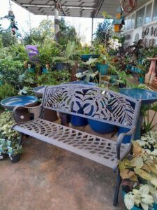 A bench is surrounded by potted plants, creating a peaceful and relaxing atmosphere.