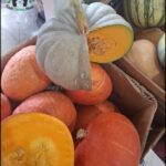 A box of pumpkins with one cut open revealing the inside.