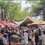 A bustling city street filled with people, some walking and others standing, under a large umbrella.