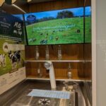 A display of milk bottles and a TV screen with a picture of cows on the screen.
