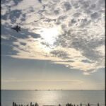 A fighter jet flies over a beach, where a crowd of people are enjoying the sunny day.