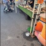 A group of people are gathered around a food stand, with a variety of food items displayed on the table.