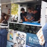 A group of people are gathered around a food truck, ordering and enjoying their meals.