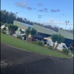 A group of people are gathered in a parking lot, with a variety of vehicles including cars, trucks, and a motorcycle. The area is surrounded by palm trees, providing a tropical atmosphere. The people are likely attending an event or gathering, with some of them standing near a tent.