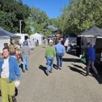 A group of people walking down a street, with a woman in a blue shirt walking in front of a man in a green shirt.