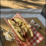 A hot dog with sauerkraut and mustard on a bun, sitting on a checkered napkin.