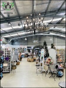 A large chandelier hangs from the ceiling of a store, illuminating the space.