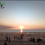 A large crowd of people are gathered on a beach, watching the sun set over the ocean.