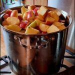 A large pot filled with chopped apples and potatoes.