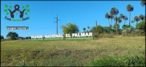 A large sign on a hillside reads "Pueblo Nacional El Palmar."