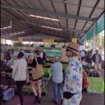 A man in a Hawaiian shirt stands in a market, surrounded by people and plants.