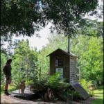 A man stands next to a dog, both looking at a small building in the woods.