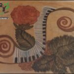 A painting of a piano with a rose and a leaf on it.
