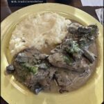 A plate of food with meat and potatoes.