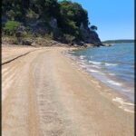 A sandy beach with a path leading to the water.