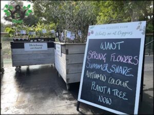 A sign advertising spring flowers is displayed in front of a flower cart.