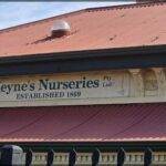 A sign for a nursery is on the side of a building.