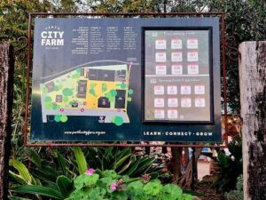 A sign for the city farm is displayed in front of a green plant.