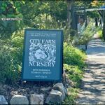 A sign for the city farm nursery is displayed on a sidewalk.