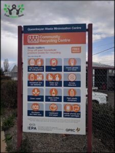 A sign for the Quenbeyan Waste Minimisation Centre lists various recycling options.