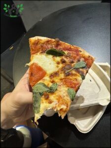 A slice of pizza with tomatoes and basil is being held by a person.